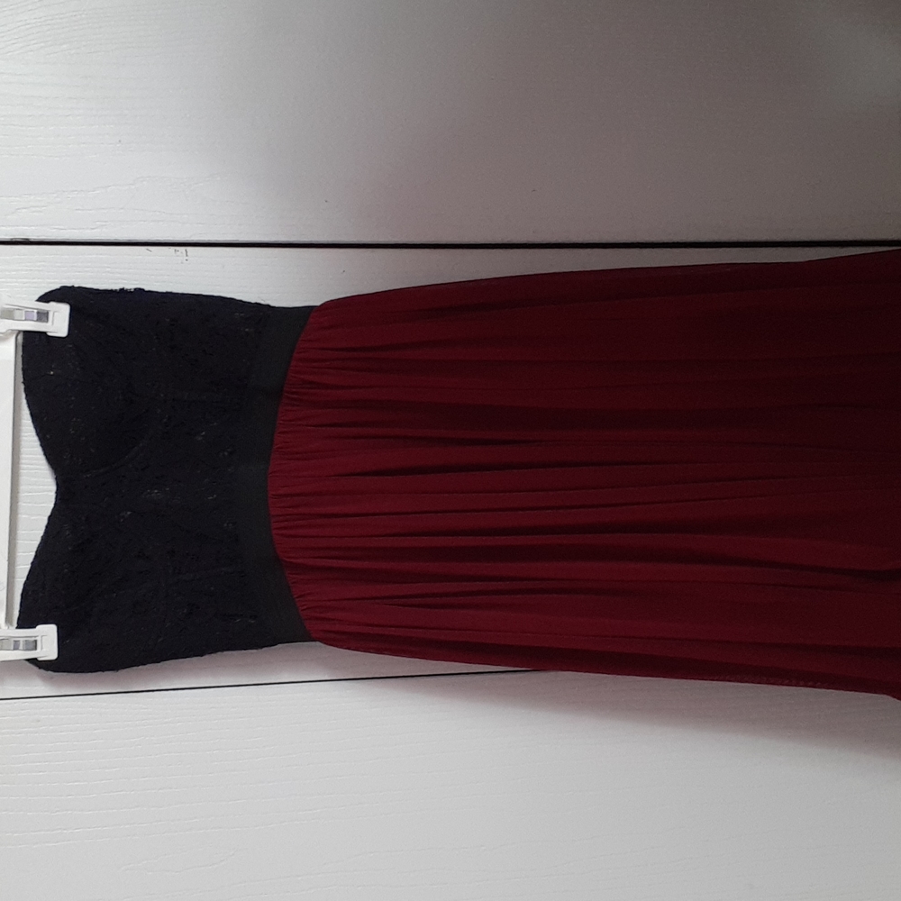 Strapless black and maroon prom dress